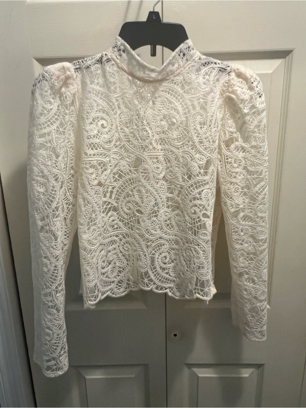 Lace High-Neck White Long-Sleeve Blouse